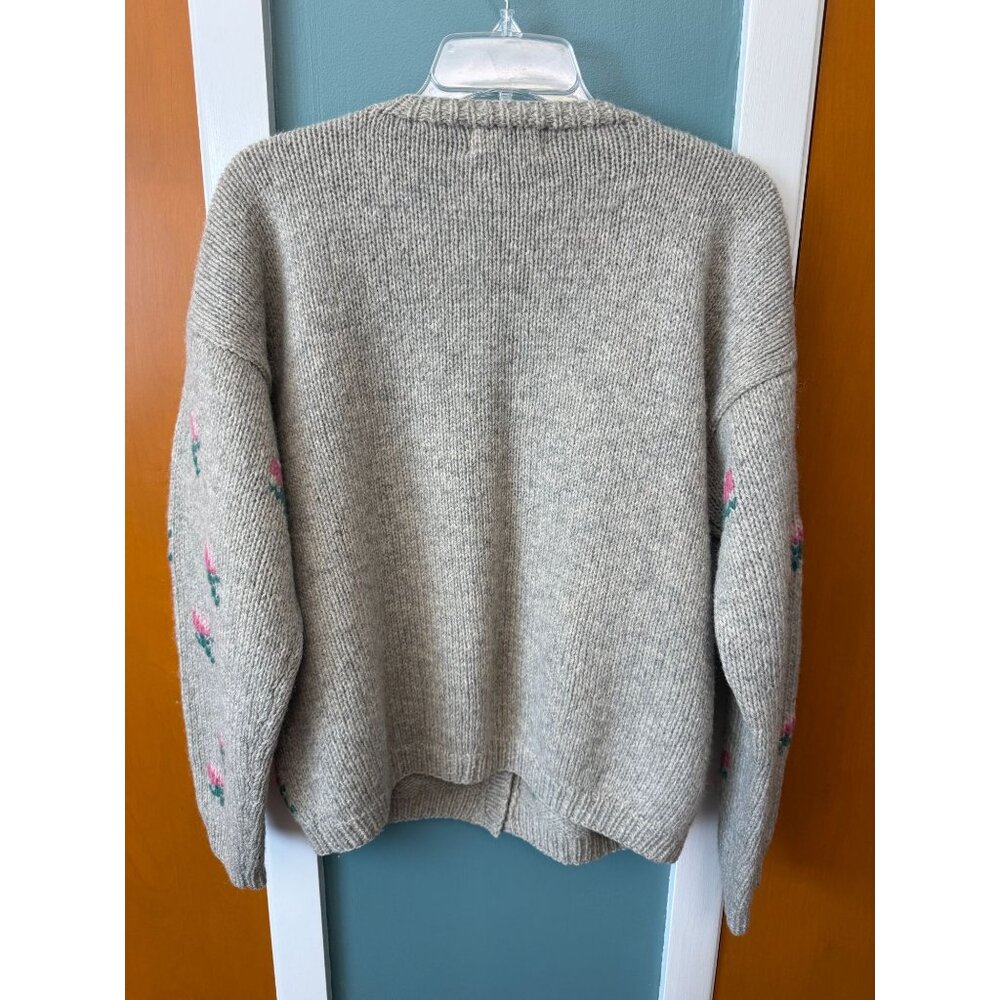 Vintage Eagles Eye Womens M Cardigan Wool Floral Tan Blue Pink Button Up Sweater - Picture 9 of 16